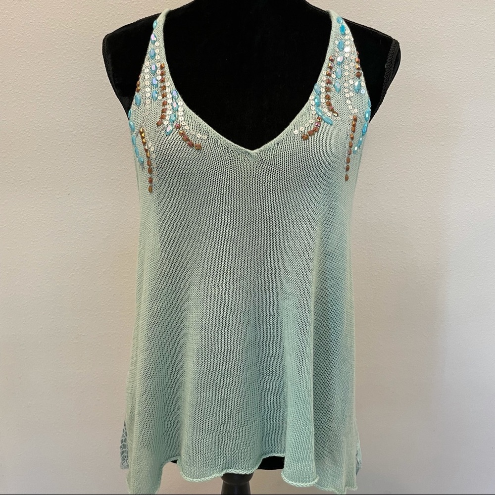 Free People Beaded Baby Blue Lace Tank Top